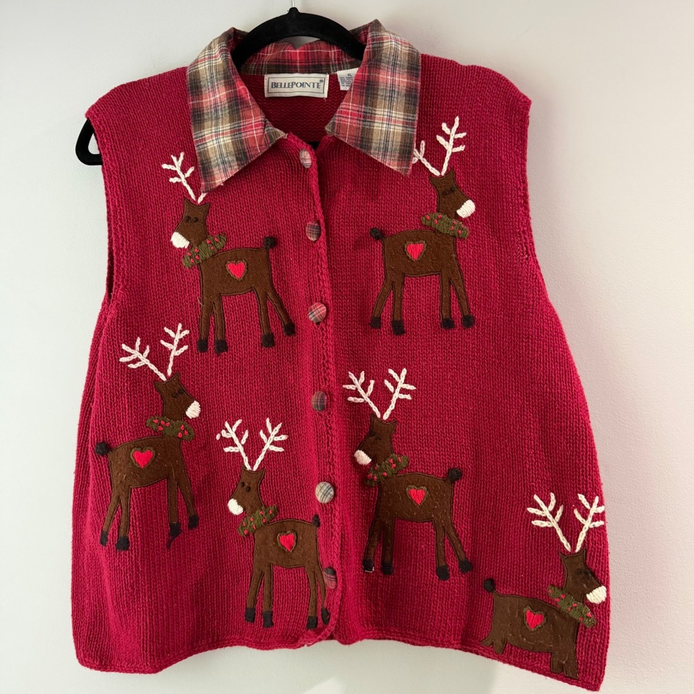 Vintage Bellepointe Reindeer Sweater Vest Womens XL Red  Plaid Collar Christmas